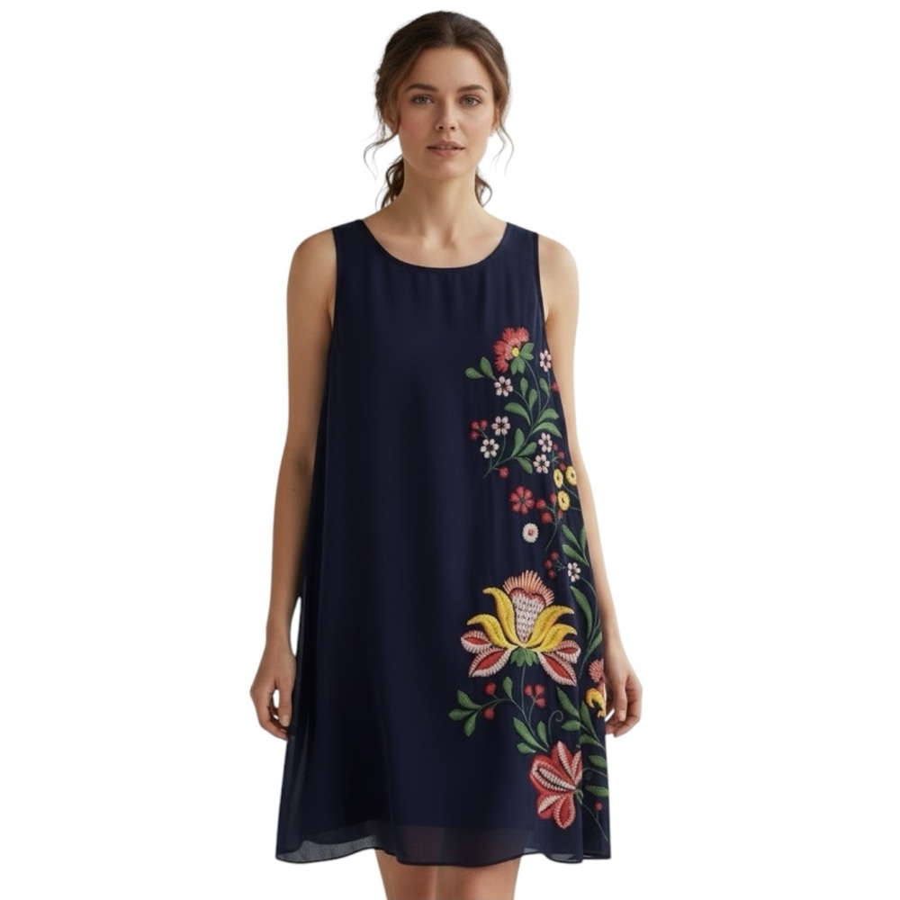 Desigual Navy Blue Feminine Sleeveless Knee Length Floral A-line Casual Dress M
